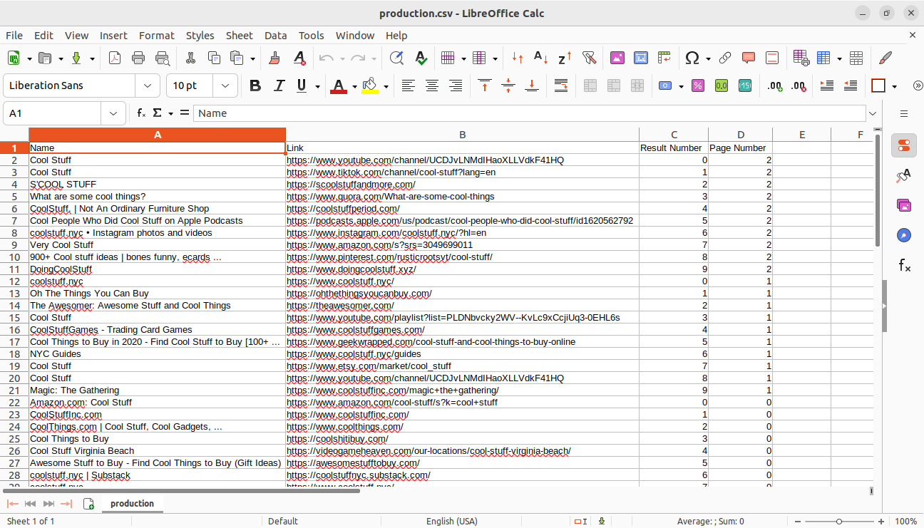 CSV File Storing SERP results