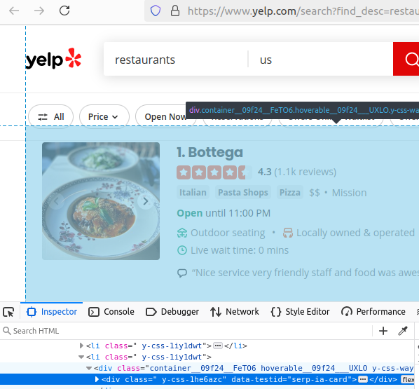 Yelp HTML Inspection Search Results