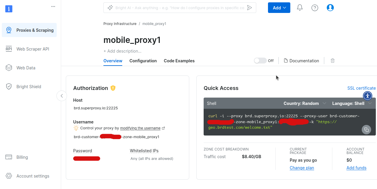 Bright Data Mobile Proxy Dashboard