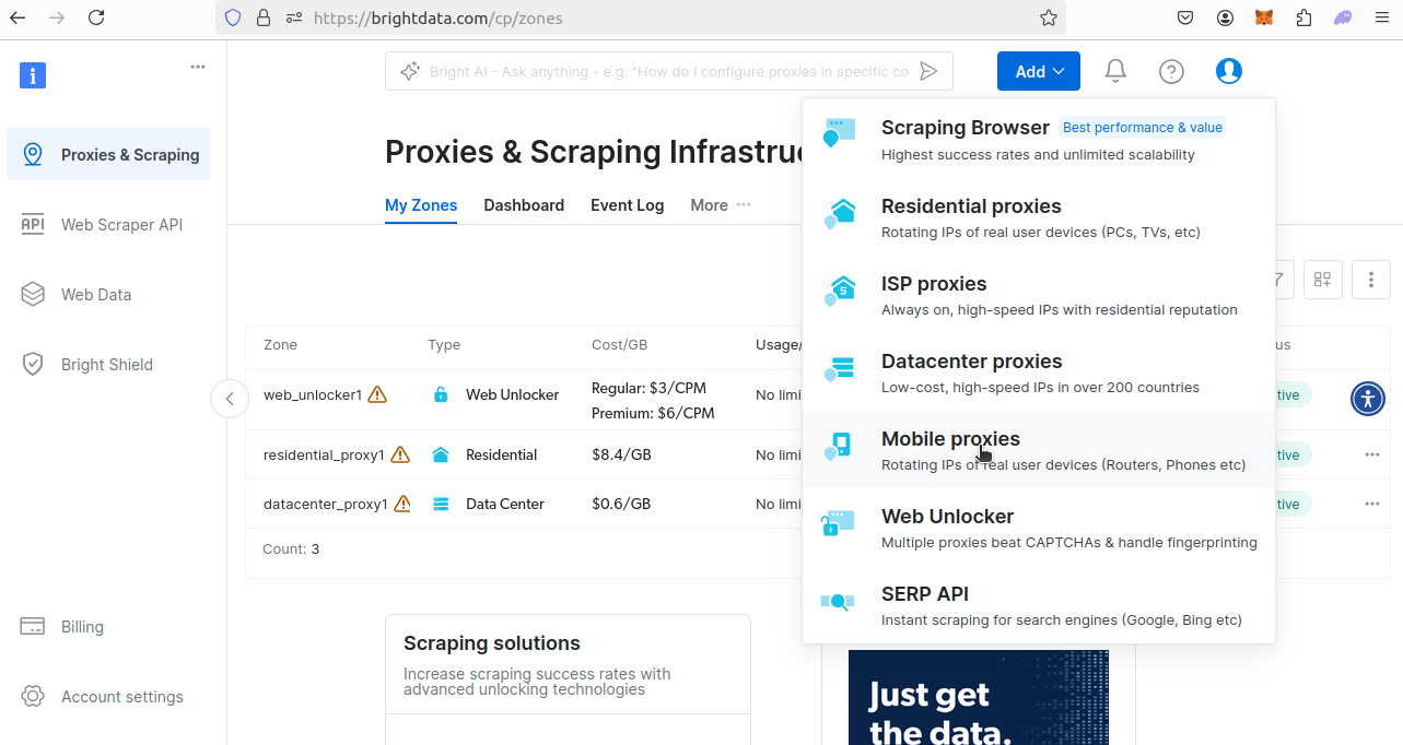 BrightData Mobile proxies