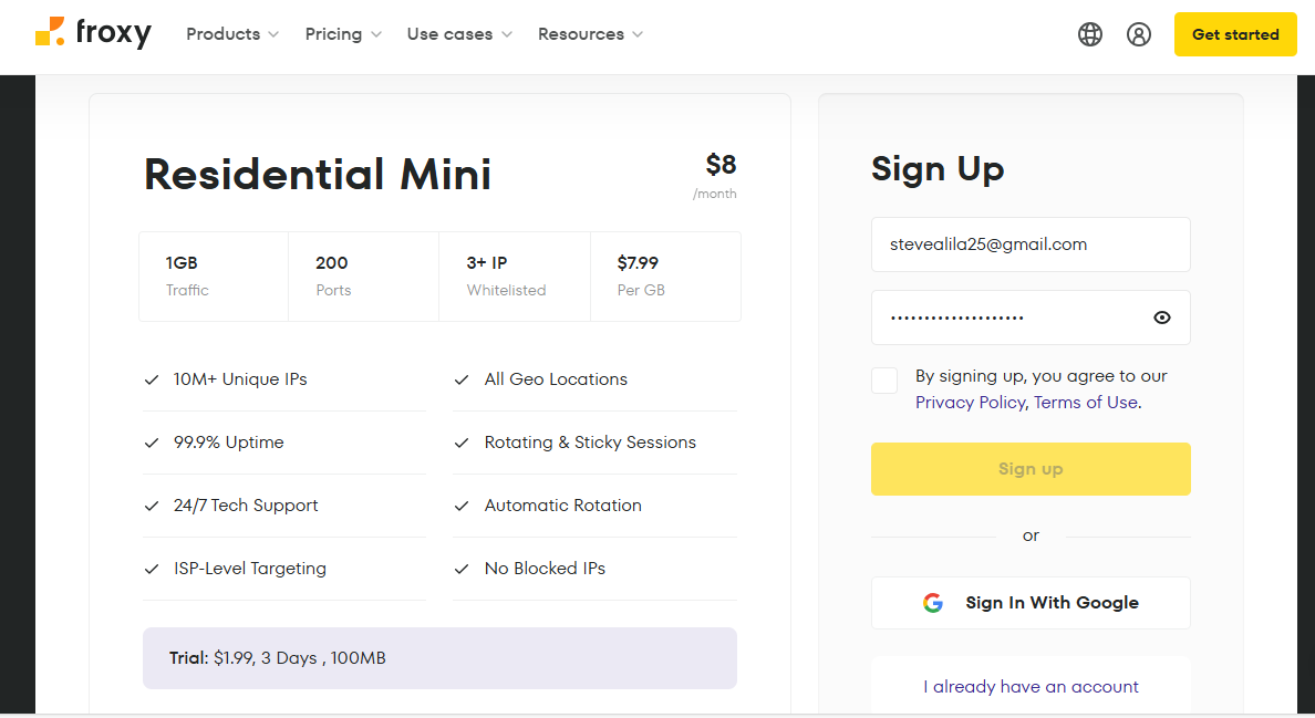 Froxy Residential Mini Signup