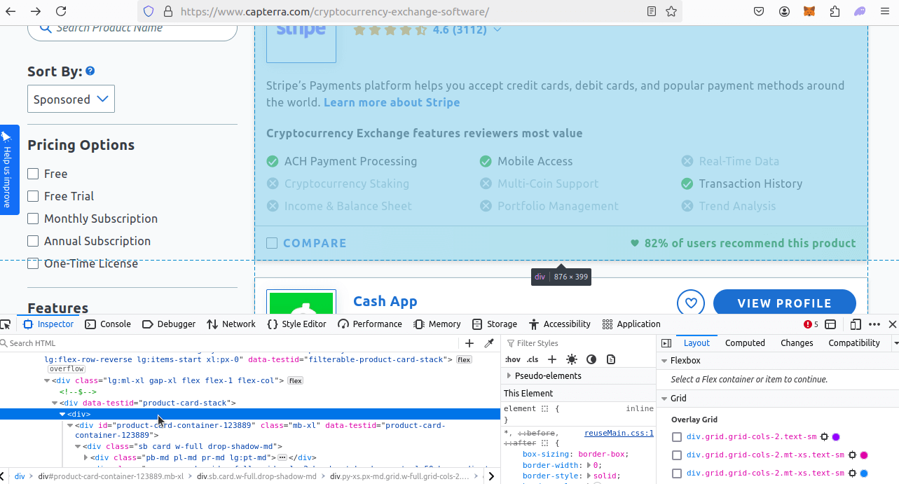 Capterra Search Result HTML Inspection