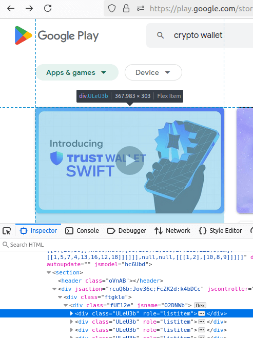 Play Store Search Results HTML Inspection