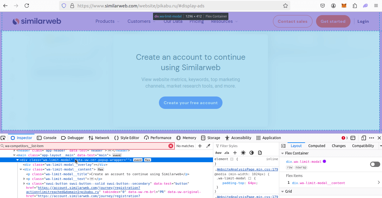 Similarweb Create Account HTML Inspection