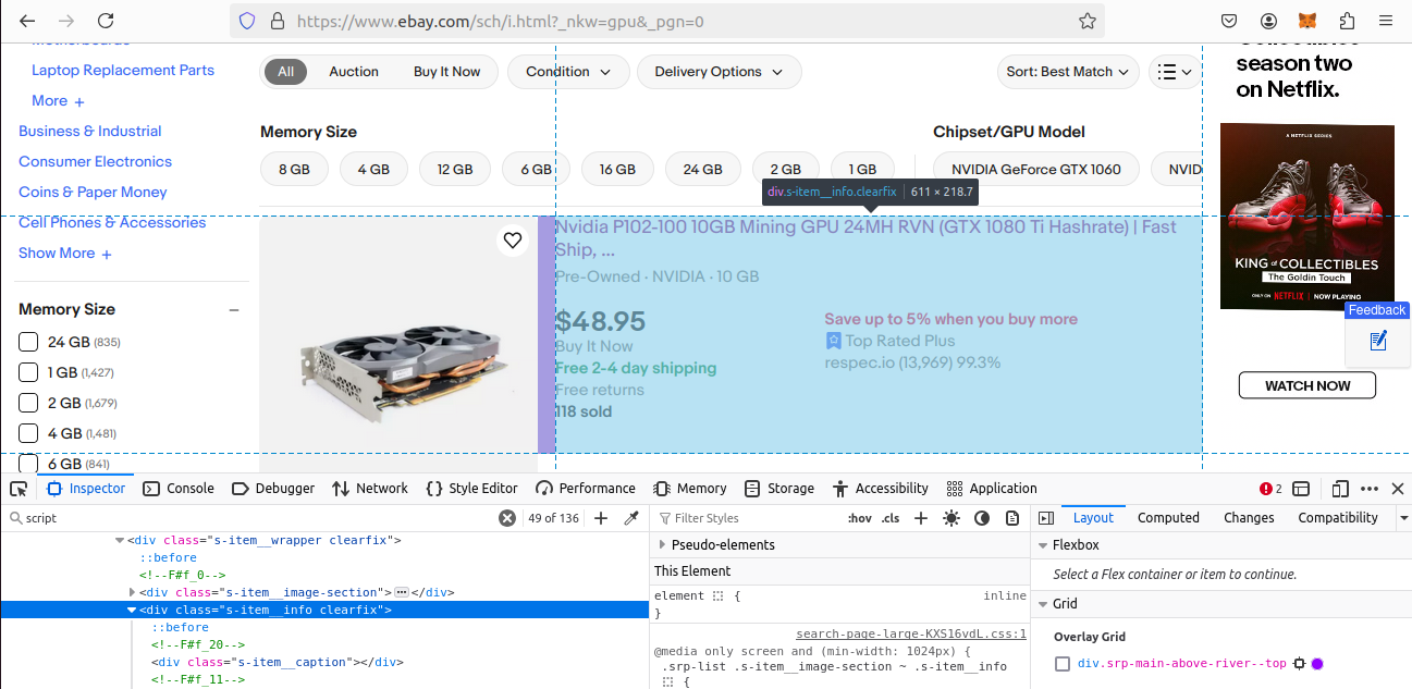 eBay Inspect Search Results Page