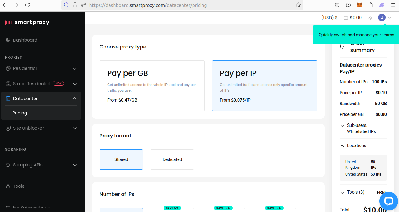 Smartproxy Pricing Pay per IP