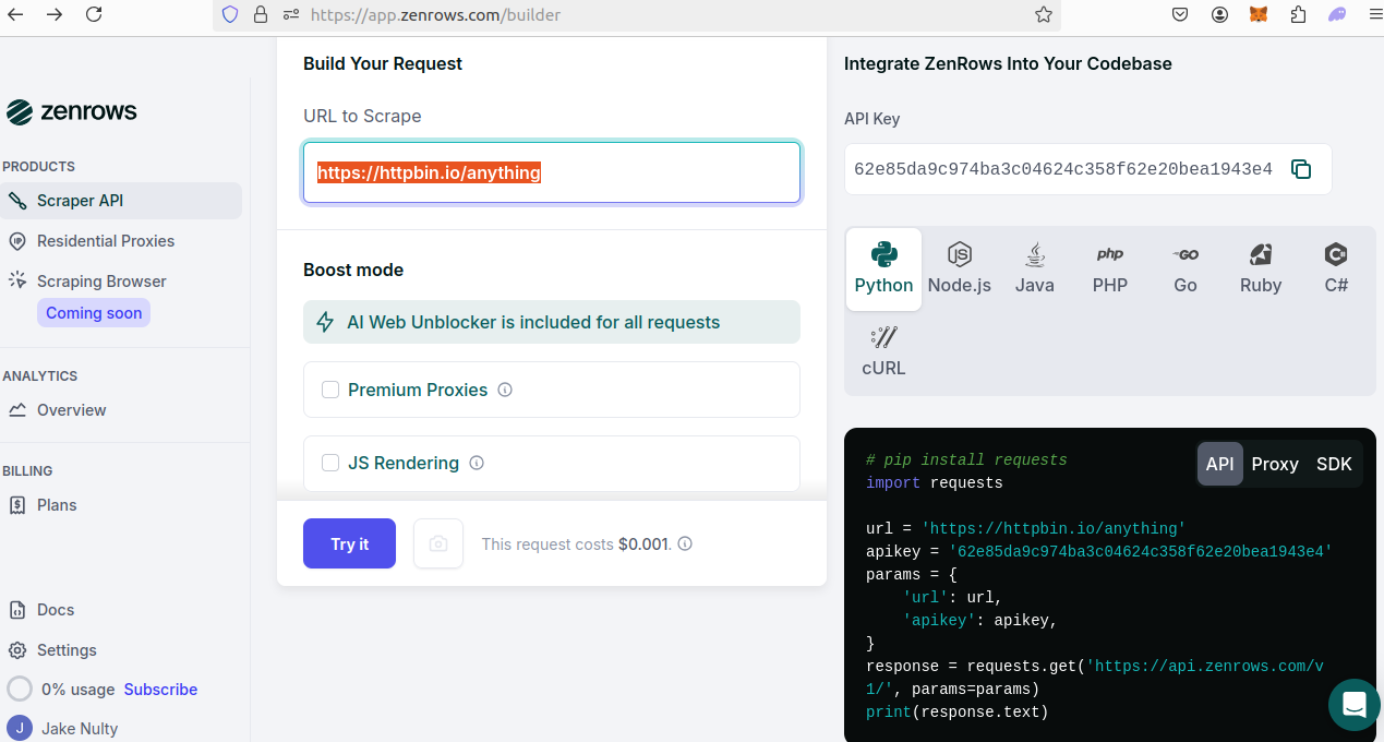 Zenrows Dashboard