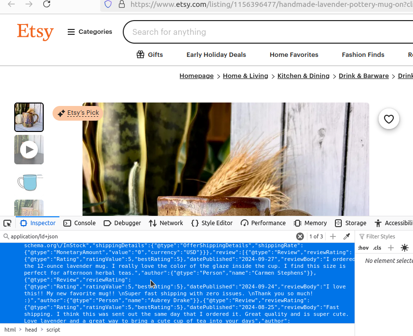HTML Inspection Etsy Product Reviews
