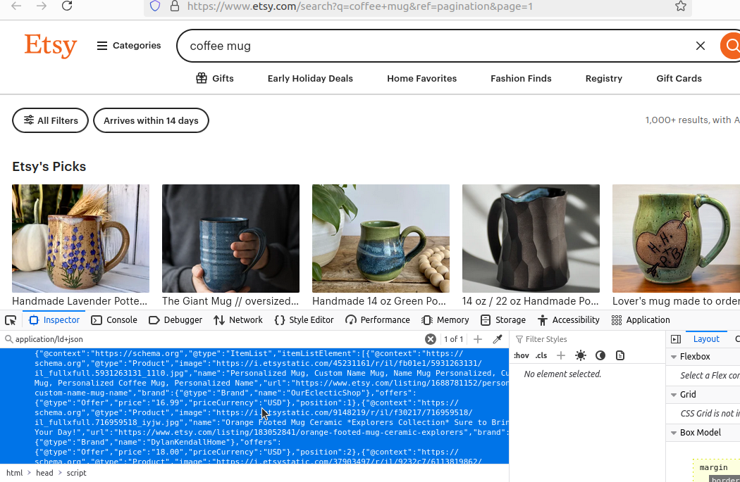 HTML Inspection Etsy Search Results