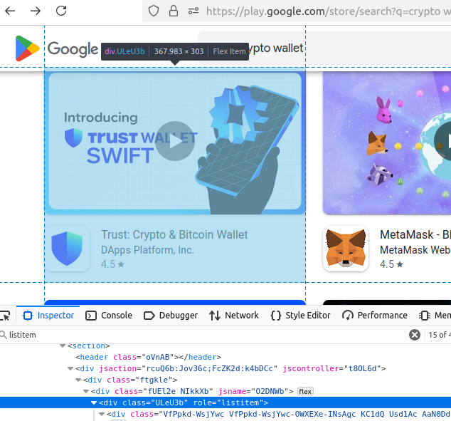 Google Play: Inspect Search Results