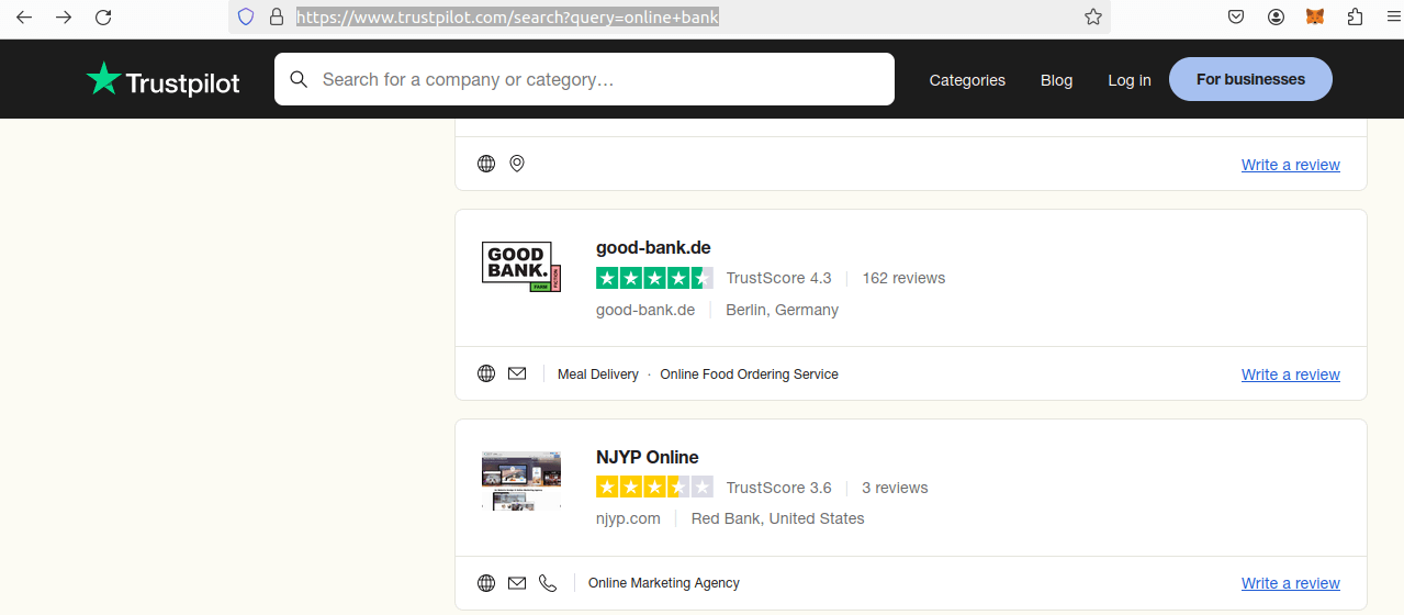 TrustPilot Search Results Page